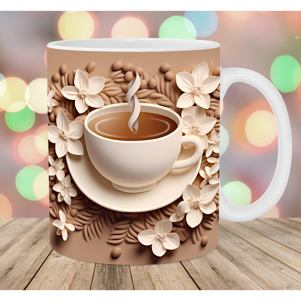 3D Coffee Cup Mug Wrap, 11oz & 15oz Mug Template, Mug Sublimation Design, Flowers Mug Wrap Template, Instant Digital Download PNG.jpg
