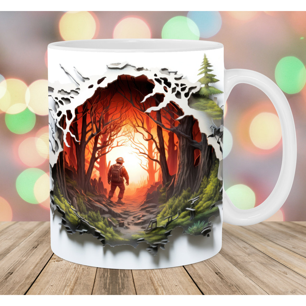 3D Fireman Hole In A Wall Mug Wrap, 11oz & 15oz Mug Template, Forest Mug Sublimation Design, Fire Mug Template, Instant Digital Download PNG.jpg