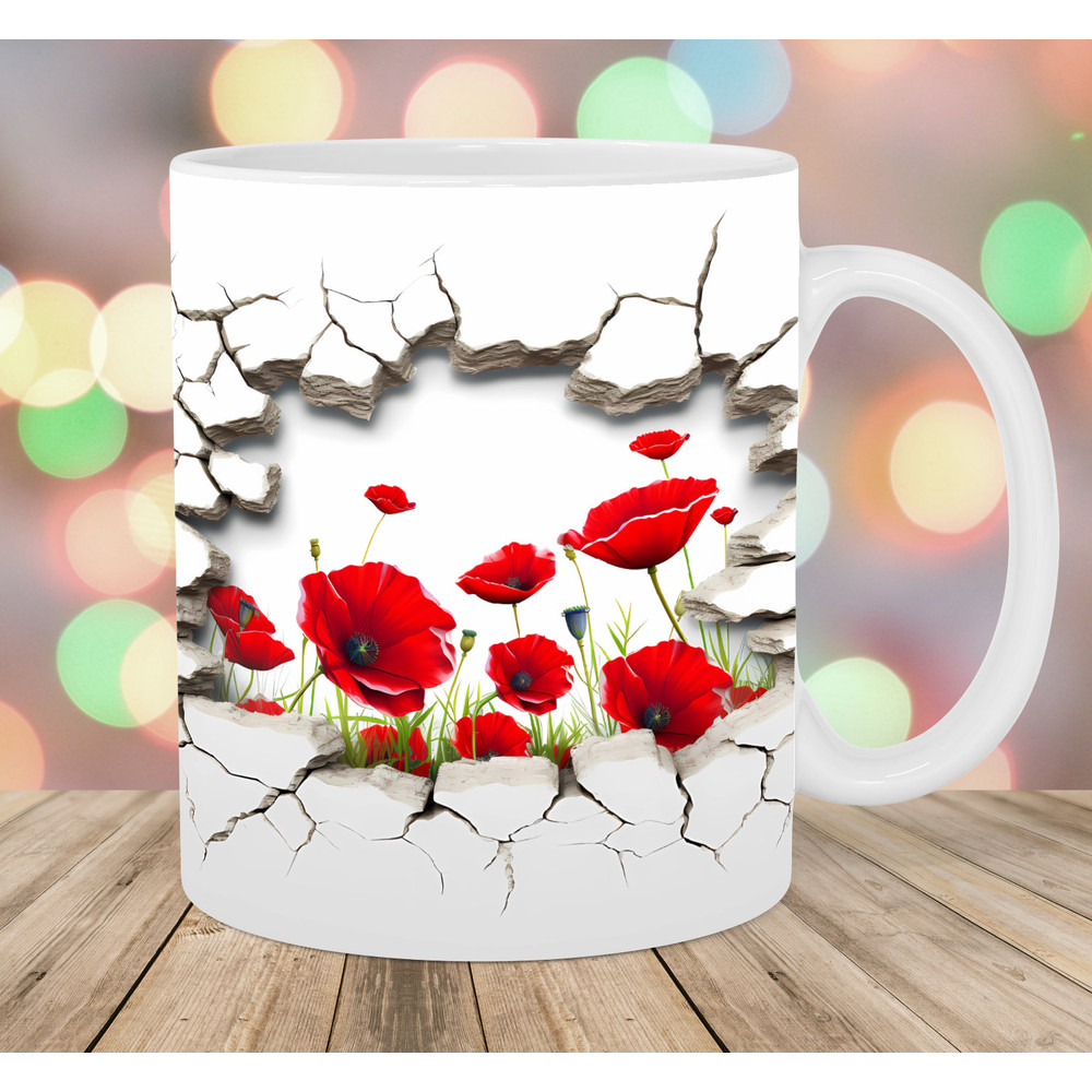 3D Hole In A Wall Poppies Mug Wrap, 11oz & 15oz Mug Template, Mug Sublimation Design, Mug Wrap Template, Instant Digital Download PNG.jpg