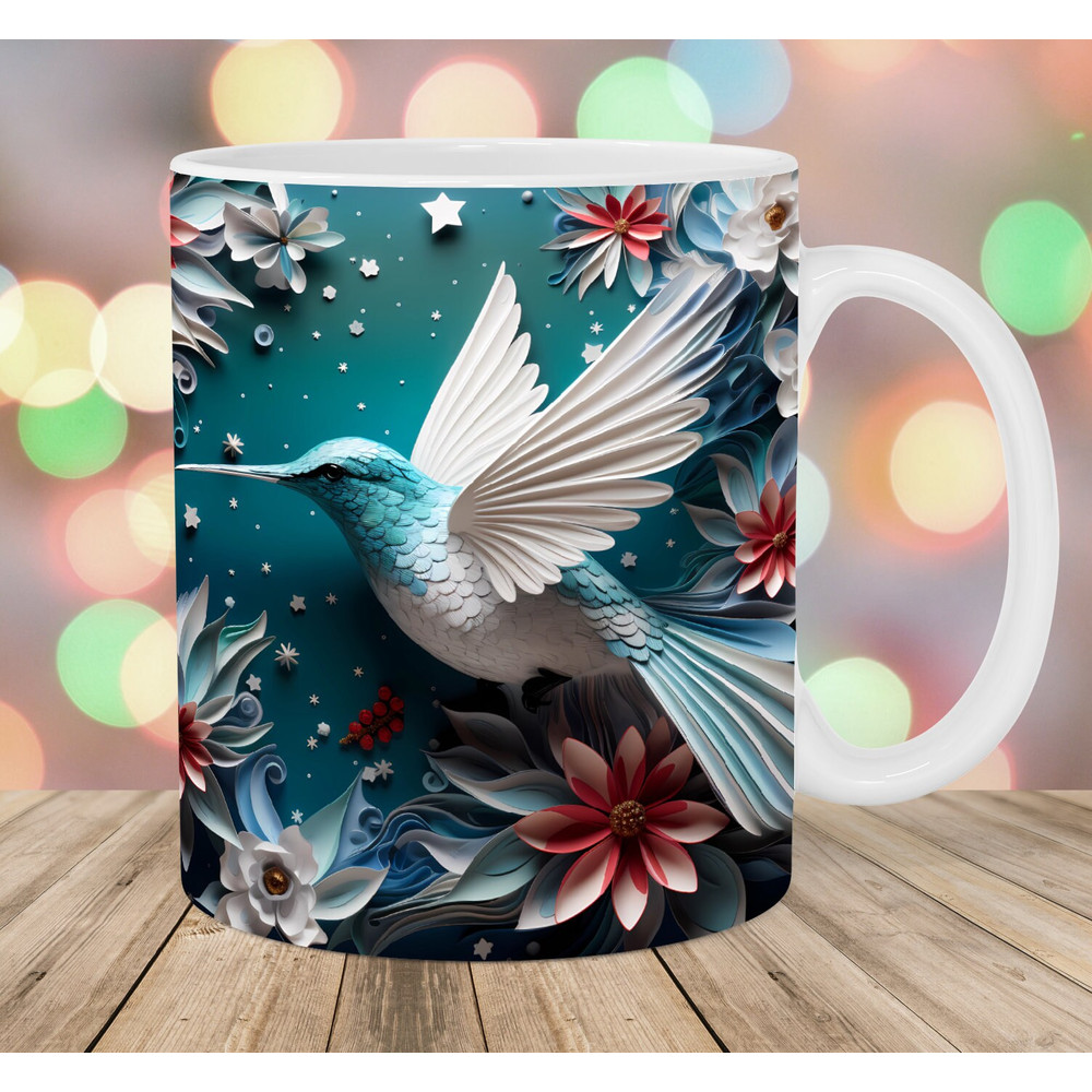3D Hummingbird Mug Wrap, 11oz & 15oz Mug Template, Mug Sublimation Design, Flower Mug Wrap Template, Instant Digital Download PNG.jpg