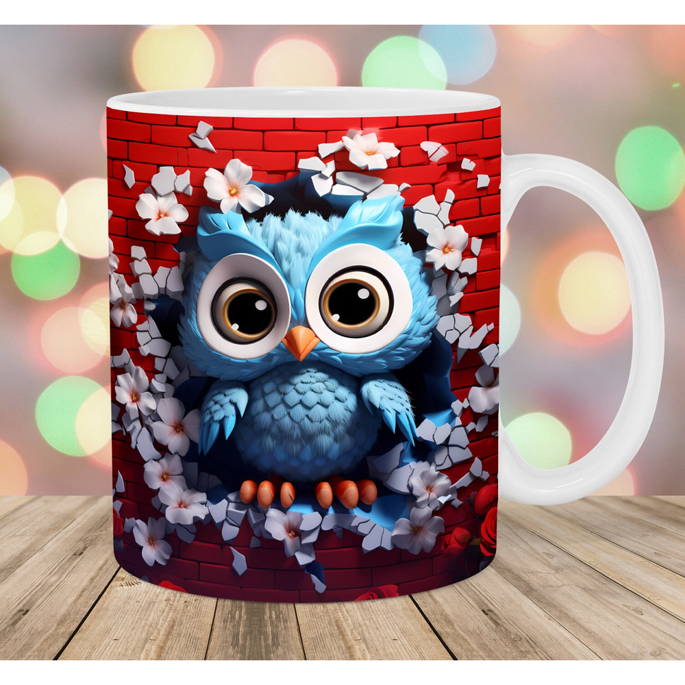 3D Owl Hole In A Wall Mug Wrap, 11oz & 15oz Mug Template, Mug Sublimation Design, Flower Mug Wrap Template, Instant Digital Download PNG.jpg