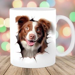 3d red australian shepherd mug wrap, 11oz & 15oz mug template, mug sublimation design, hole in a wall mug wrap
