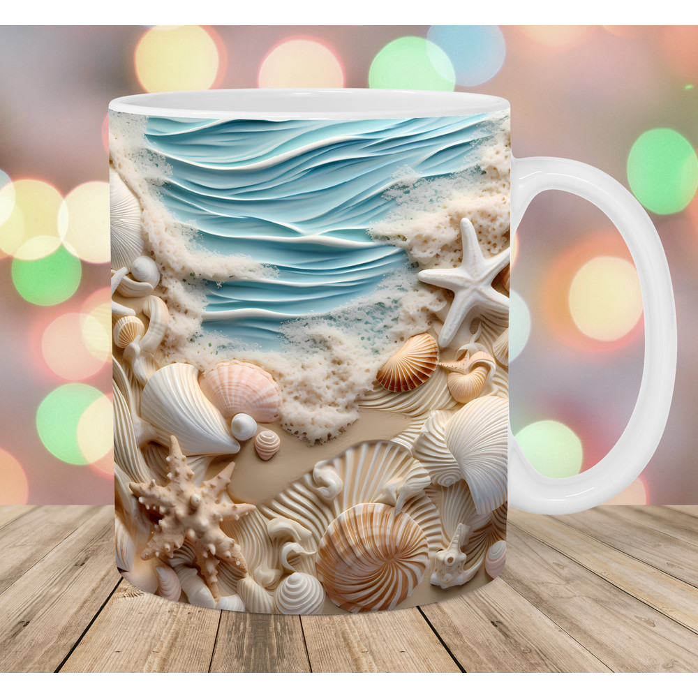 3D Seashells Beach Ocean Mug Wrap, 11oz And 15oz Mug Template, Mug Sublimation Design, Mug Wrap Template, Instant Digital Download PNG.jpg