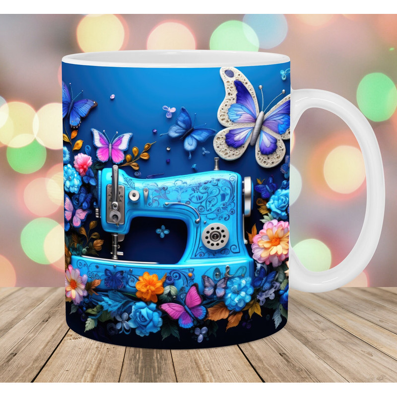 3D Sewing Machine Mug Wrap, 11oz & 15oz Mug Template, Mug Sublimation Design, Blue Butterfly Mug Wrap Template, Instant Digital Download PNG.jpg