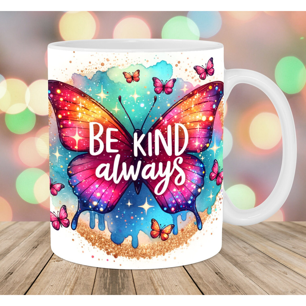 Be Kind Always Mug Wrap, 11oz & 15oz Mug Template, Mug Sublimation Design, Butterfly Mug Wrap Template, Instant Digital Download PNG.jpg