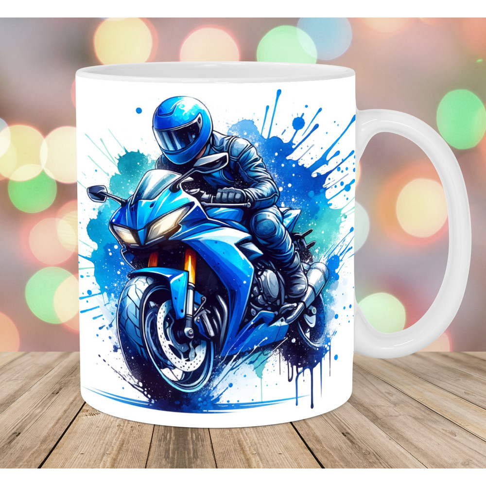 Blue Motorcycle Mug Wrap, 11oz & 15oz Mug Template, Motorbike Mug Sublimation Design, Biker Mug Wrap Template, Instant Digital Download PNG.jpg