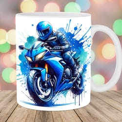 blue motorcycle mug wrap, 11oz & 15oz mug template, motorbike mug sublimation design, biker mug wrap template