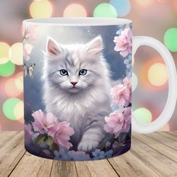 cat mug wrap, 11oz and 15oz mug template, pink flowers mug sublimation design, kitten mug wrap template