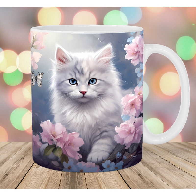 Cat Mug Wrap, 11oz And 15oz Mug Template, Pink Flowers Mug Sublimation Design, Kitten Mug Wrap Template, Instant Digital Download PNG.jpg