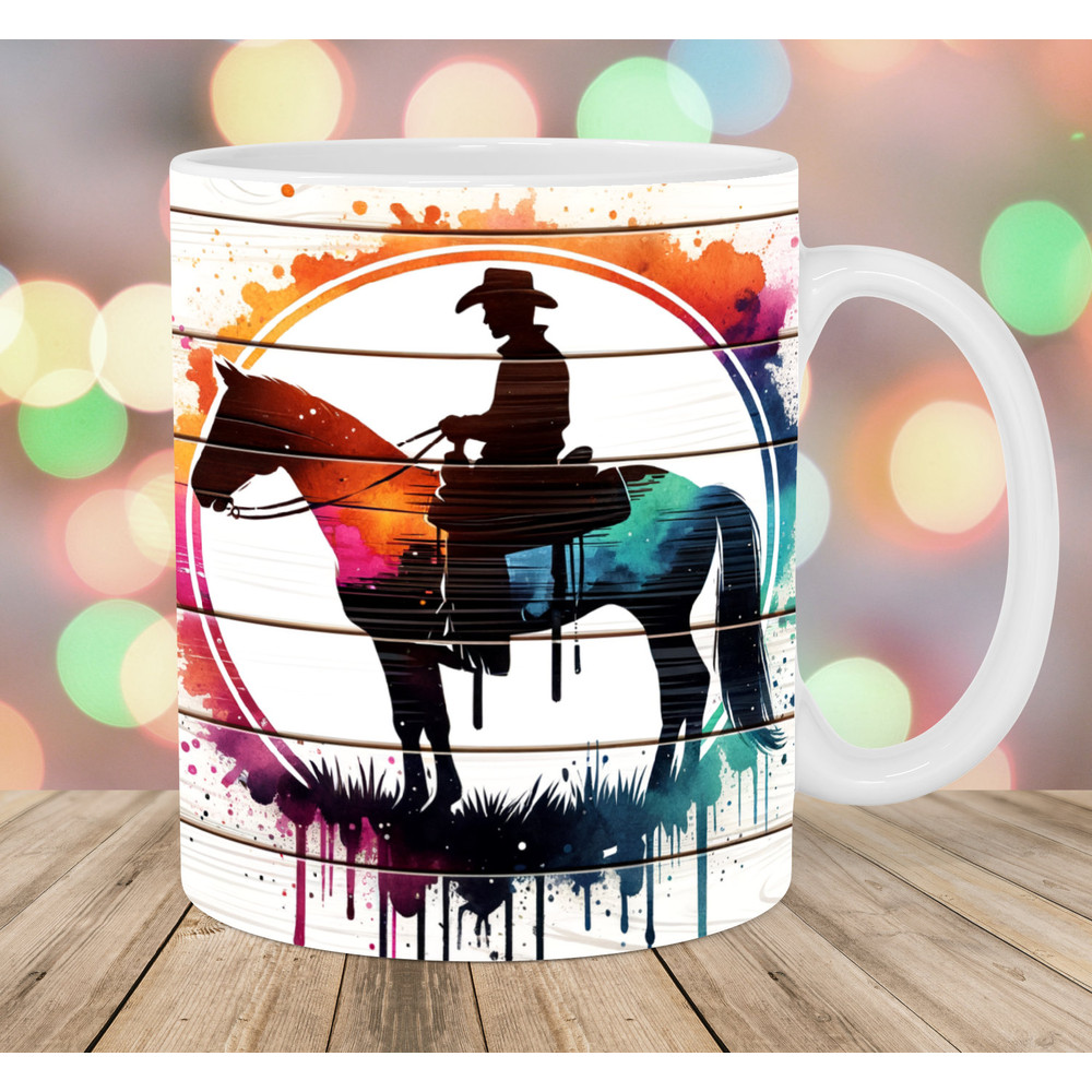 Cowboy Mug Wrap, 11oz And 15oz Mug Template, Horse Mug Sublimation Design, Wooden Mug Wrap Template, Instant Digital Download PNG.jpg