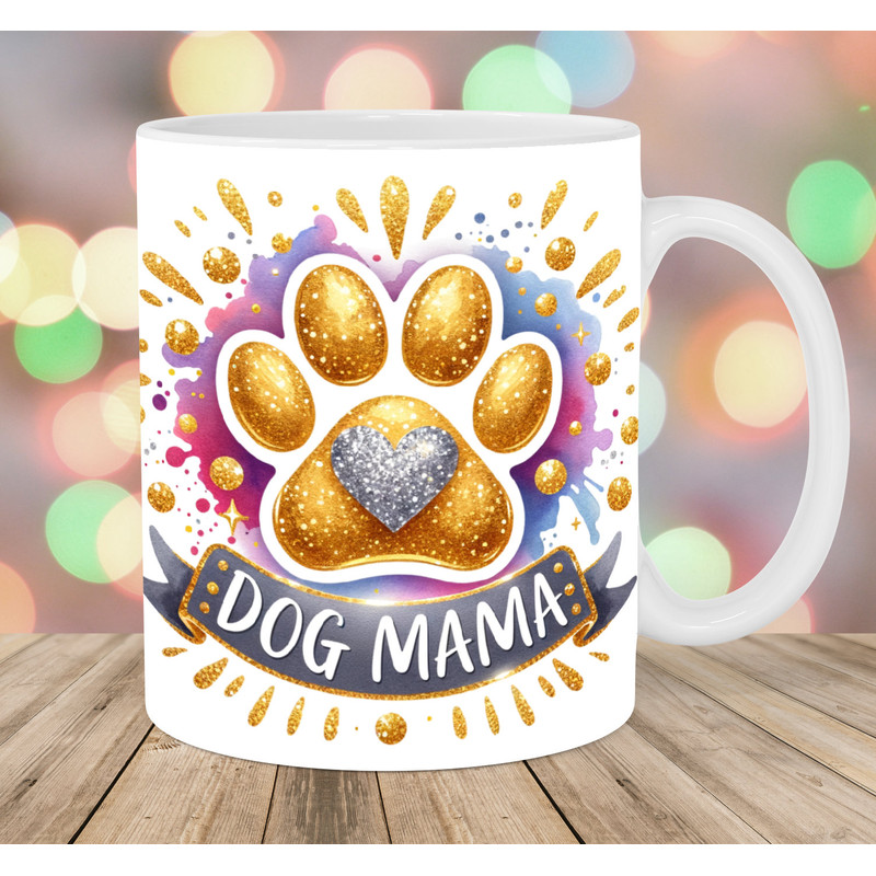 Dog Mama Mug Wrap, 11oz & 15oz Mug Template, Puppy Mug Sublimation Design, Gold Glitter Paw Mug Wrap Template, Instant Digital Download PNG.jpg