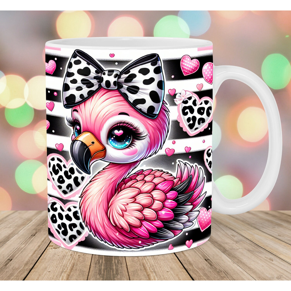Flamingo With Bow Mug Wrap, 11oz & 15oz Mug Template, Heart Mug Sublimation Design, Striped Mug Wrap Template, Instant Digital Download PNG.jpg