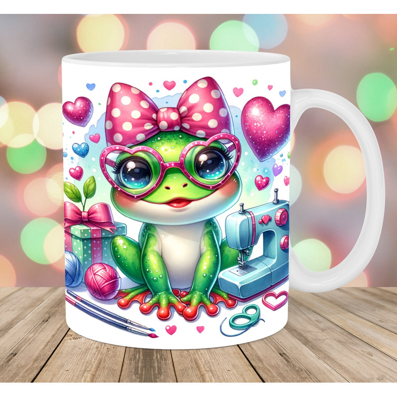 Frog With Bow Mug Wrap, 11oz & 15oz Mug Template, Sewing Machine Mug Sublimation Design, Mug Wrap Template, Instant Digital Download PNG.jpg
