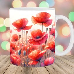 glitter red poppies mug wrap, 11oz and 15oz mug template, mug sublimation design, flower mug wrap template