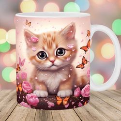 kitten mug wrap, 11oz & 15oz mug template, pink rose mug sublimation design, butterfly mug wrap template