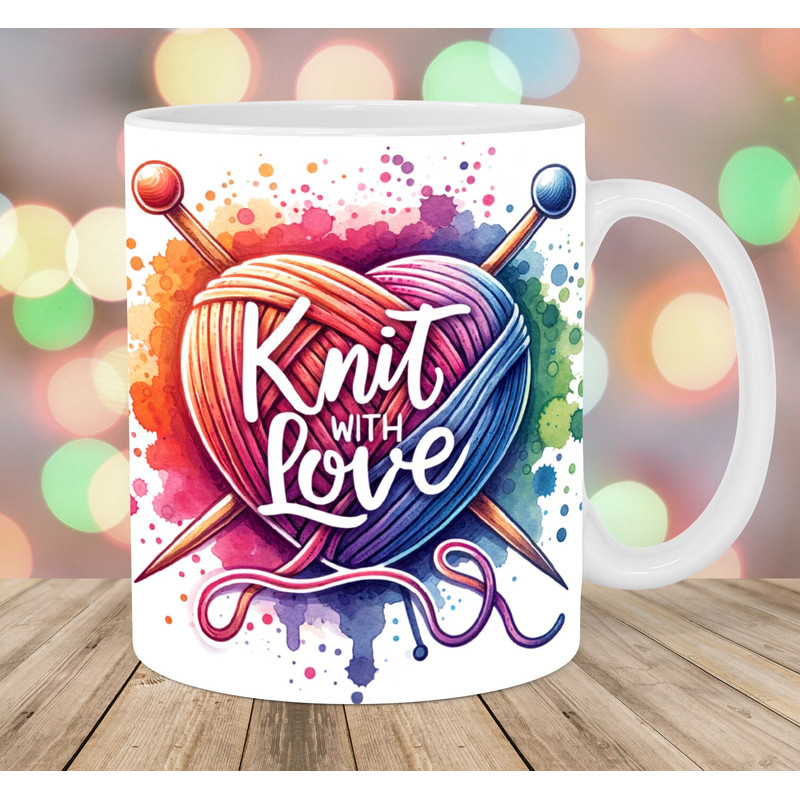 Knit With Love Mug Wrap, 11oz And 15oz Mug Template, Mug Sublimation Design, Colorful Yarn Mug Wrap Template, Instant Digital Download PNG.jpg