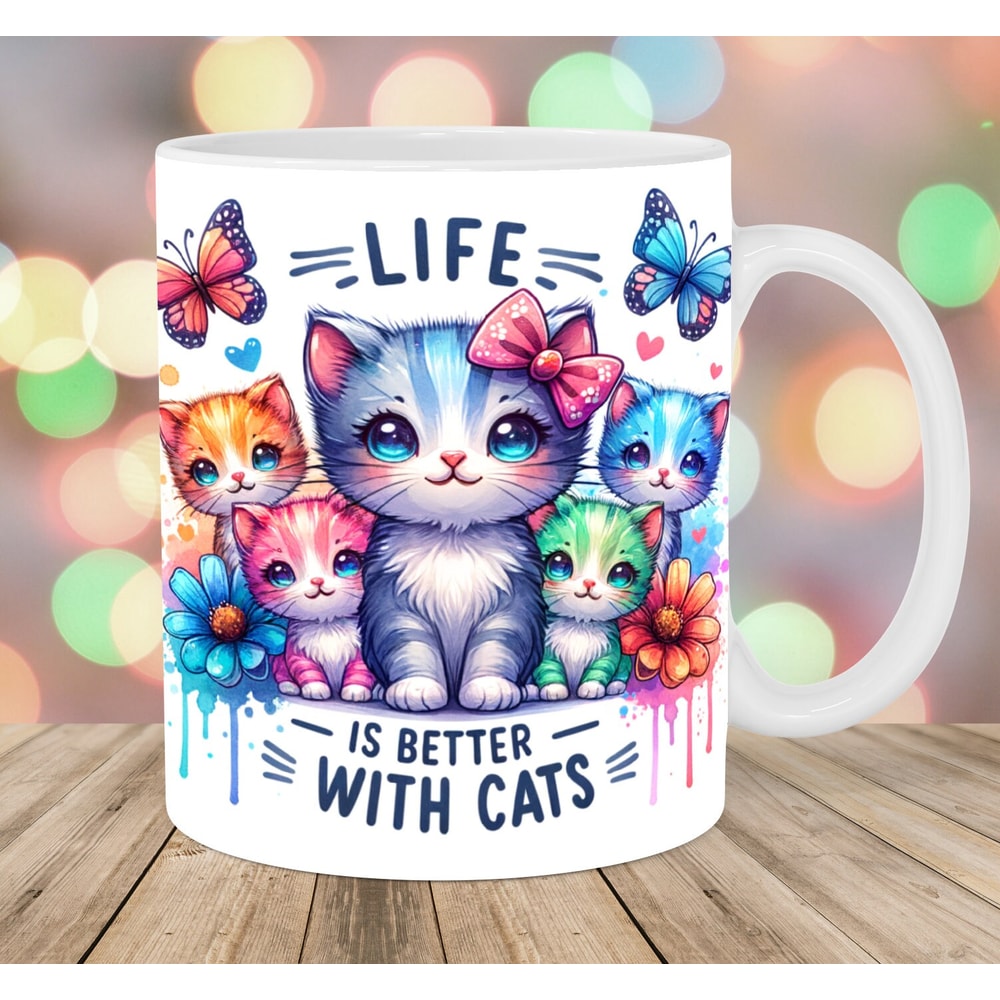 Life Is Better With Cats Mug Wrap, 11oz And 15oz Mug Template, Mug Sublimation Design, Butterfly Mug Template, Instant Digital Download PNG.jpg