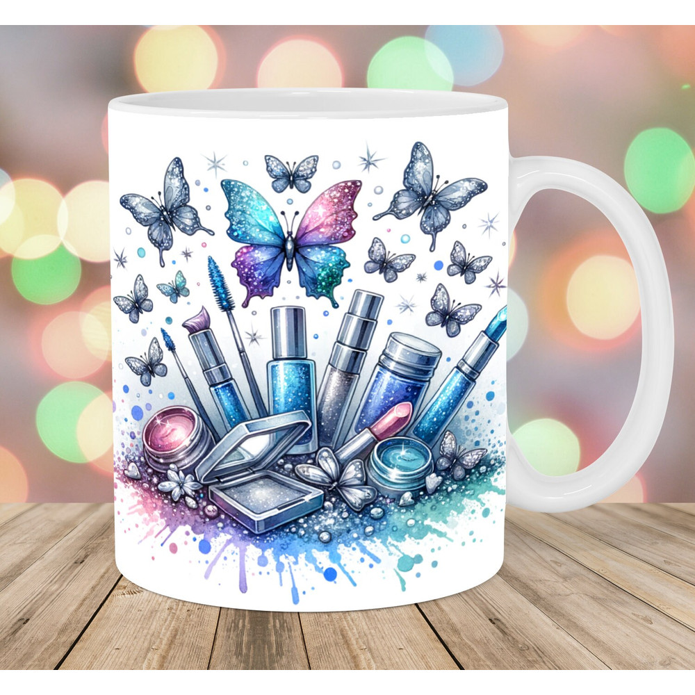 Makeup Mug Wrap, 11oz & 15oz Mug Template, Cosmetics Mug Sublimation Design, Glitter Butterflies Mug Template, Instant Digital Download PNG.jpg