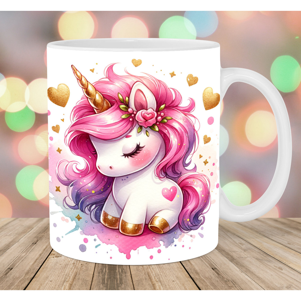 Pink Baby Unicorn Mug Wrap, 11oz & 15oz Mug Template, Mug Sublimation Design, Gold Hearts Mug Wrap Template, Instant Digital Download PNG.jpg