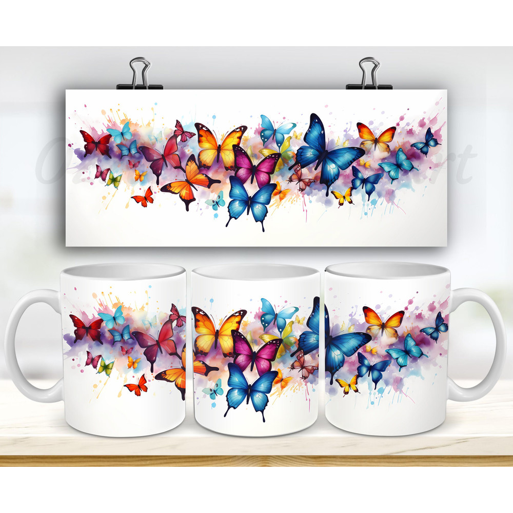 Watercolor Butterflies Mug Wrap, 11oz & 15oz Mug Template, Colorful Mug Sublimation Design, Mug Wrap Template, Instant Digital Download PNG.jpg