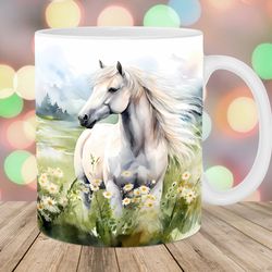 watercolor horse mug wrap, 11oz & 15oz mug template, mug sublimation design, flower field mug wrap template