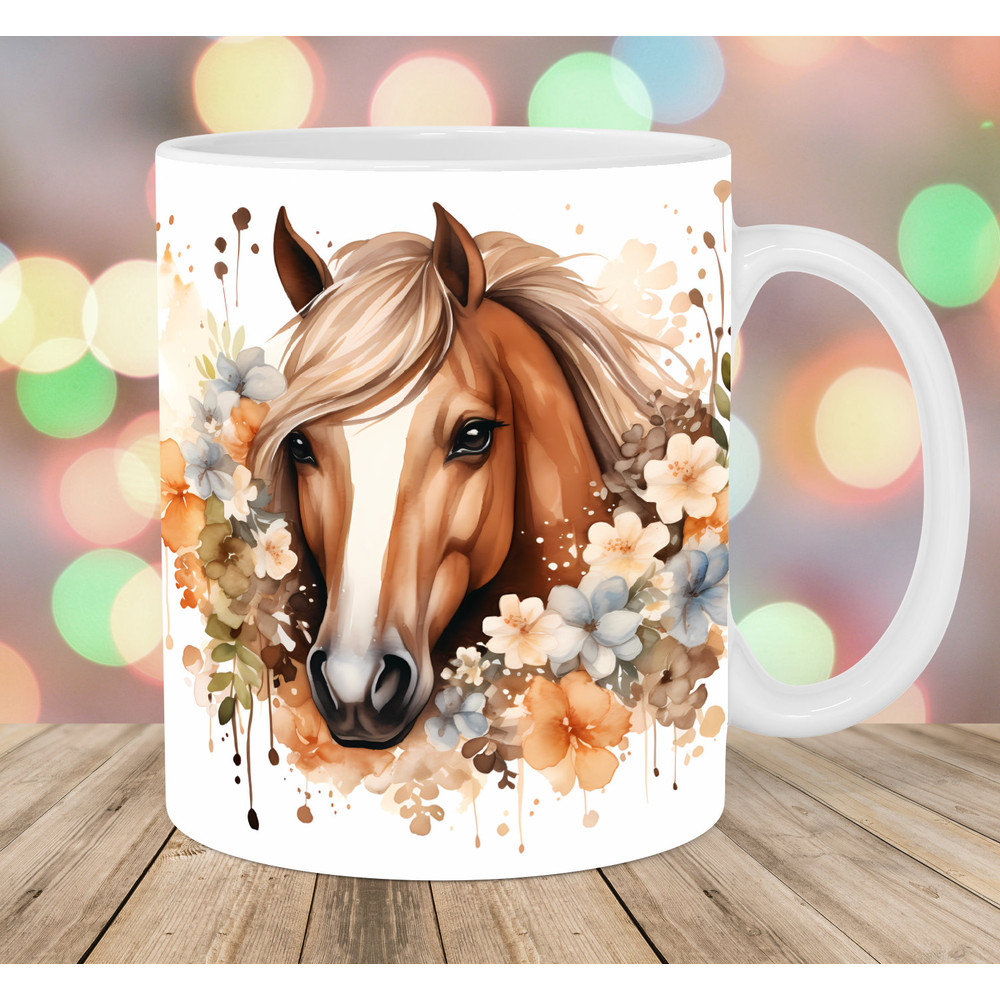 Watercolor Horse Mug Wrap, 11oz And 15oz Mug Template, Mug Sublimation Design, Flowers Mug Wrap Template, Instant Digital Download PNG.jpg