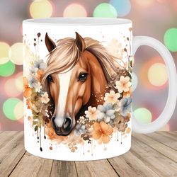 watercolor horse mug wrap, 11oz and 15oz mug template, mug sublimation design, flowers mug wrap template