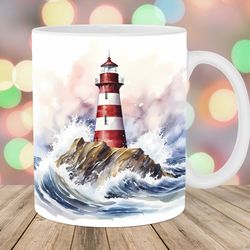 watercolor lighthouse mug wrap, 11oz and 15oz mug template, mug sublimation design, mug wrap template