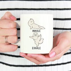 Inhale Exhale Persian Cat Coffee Mug, White Cat Yoga 11oz Coffee Mugs, Funny 15oz Mug