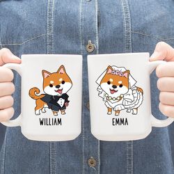 Personalized Bride and Groom Mugs, Custom Shiba Inu Dog Mug, Newlywed Gift