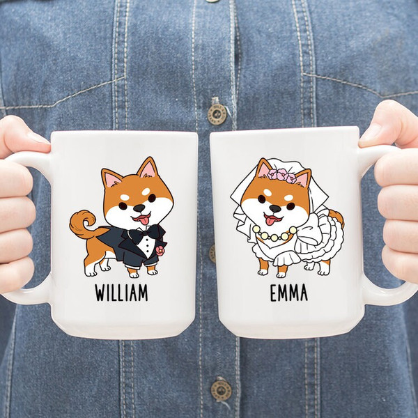 Personalized Bride and Groom Mugs, Custom Shiba Inu Dog Mug, Newlywed Gift, Engagement Gifts for Couple, Wedding Gift for Bride.jpg