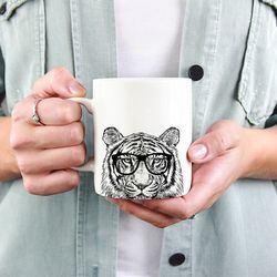 Tiger Mug, Safari Animal Lovers Coffee Mugs, Hipster Nerdy Wild Life Coffee Mug 15 oz 11 oz