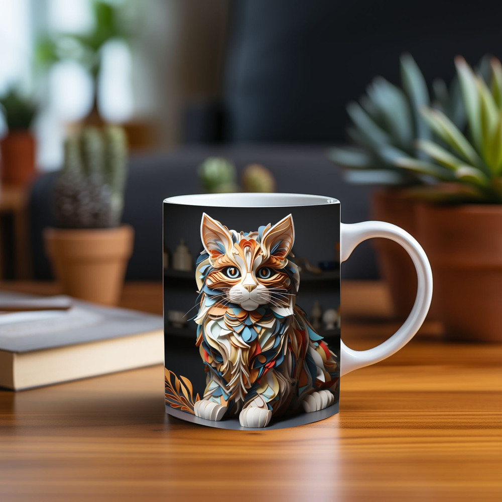 3D Charming Cat Origami Paper Cute Cat Mug Wrap Design, 3D Kitten Coffee Cup, 3D Cats Lovers 11oz 15oz Mug Sublimation Png, Instant Download.jpg