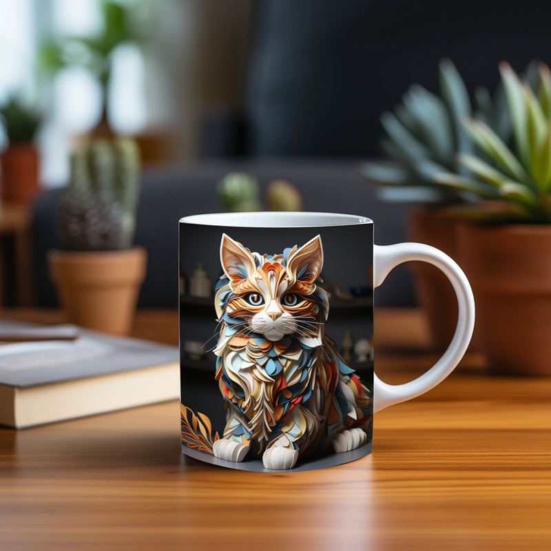 3D Charming Cat Origami Paper Cute Cat Mug Wrap Design, 3D Kitten Coffee Cup, 3D Cats Lovers 11oz 15oz Mug Sublimation Png, Instant Download.jpg