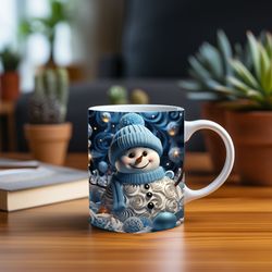 3d cute snowman mug, 3d winter snow man