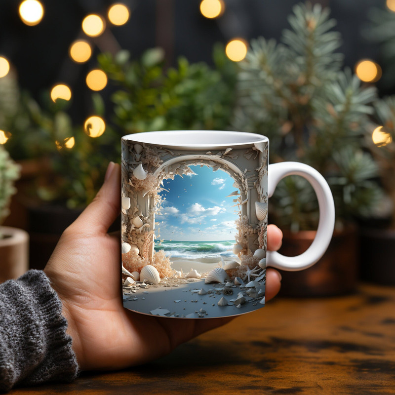 3D Hole In A Wall Beach with Seashells Landscape Mug Wrap Design - Coastal Sublimation Print PNG 11oz & 15oz Coffee Cups, Instant Download-2.jpg