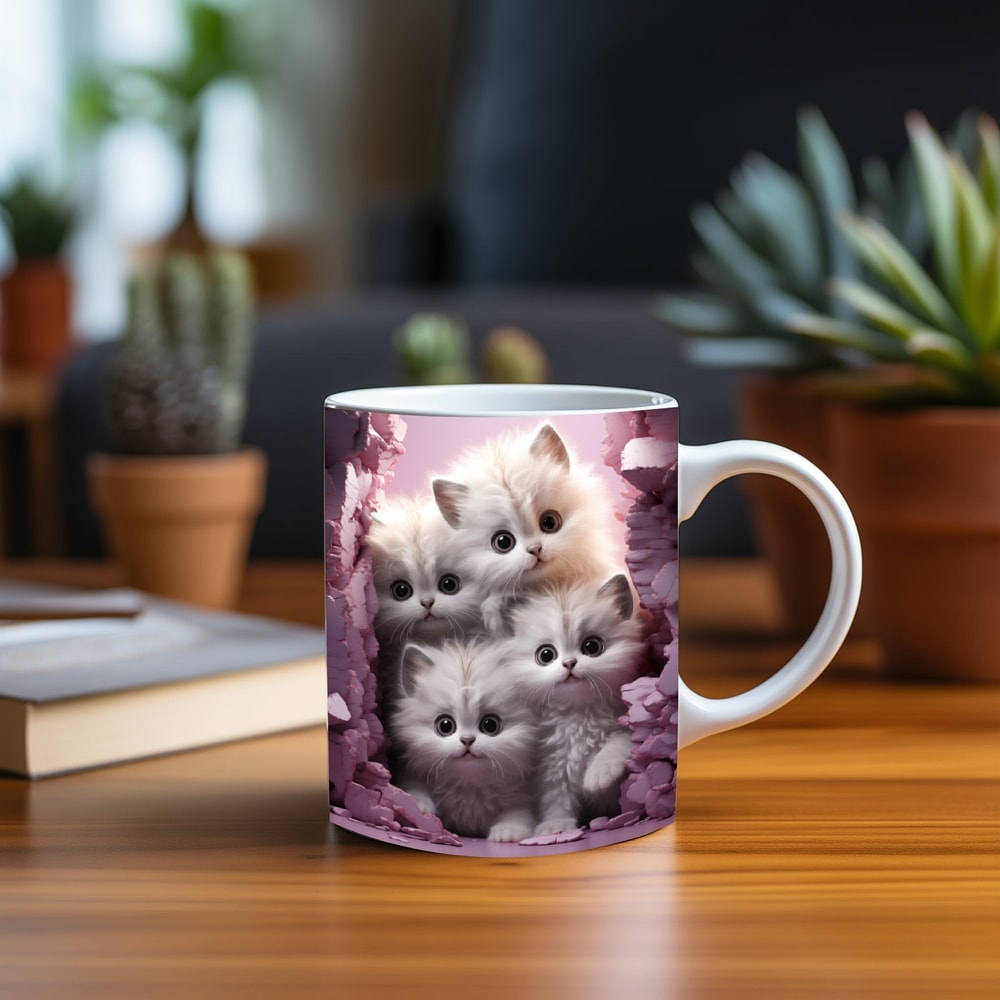 3D Hole In A Wall Four White Cute Cats Mug Wrap Design, 3D Kittens Coffee Cup, 3D Cats Lovers 11oz 15oz Mug Sublimation Png Gift For Kids.jpg