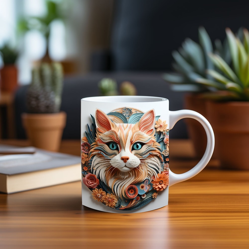 3D Hole In A Wall Colorful Cute Cat Mug Wrap Design, 3D Kitten & Flowers Coffee Cup, 3D Cats Lovers 11oz 15oz Mug Sublimation Png Download.jpg