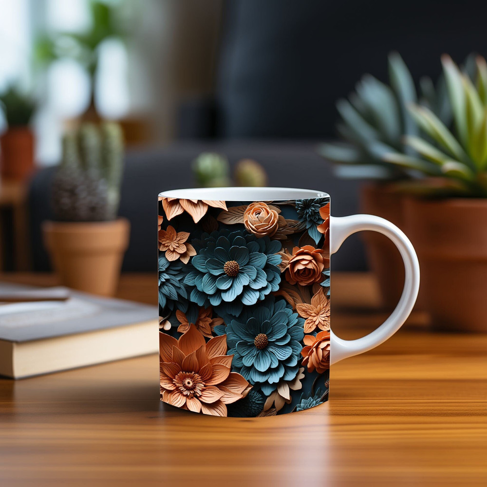 3D Luxury Handcrafted Colorful Flowers Unique and Timeless Mug Wrap Design -Sublimation Print PNG 11oz & 15oz Coffee Cups,Instant Download.jpg