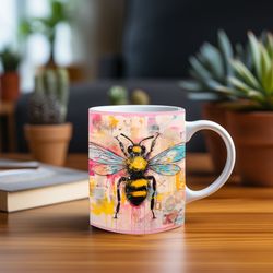 3d mug bee on yellow and pink background spray paint, bees graffiti