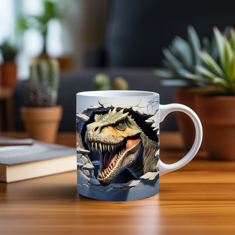 3D Roaring Dinosaur Hole in a Wall Mug Wrap Design, For Dinosaur Lover's- Sublimation Print PNG 11oz & 15oz Coffee Cups, Instant Download.jpg