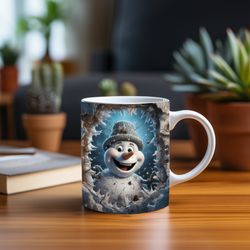 3d snowman in snowflakes hole mug, 3d winter snow man