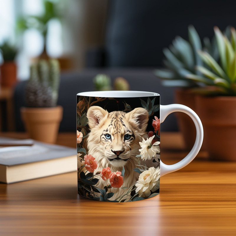 Adorable 3D White Lion Cub Amidst Flower Petals Mug Wrap Design - Sublimation Print PNG for 11oz & 15oz Coffee Cups, For Lion Enthusiasts.jpg