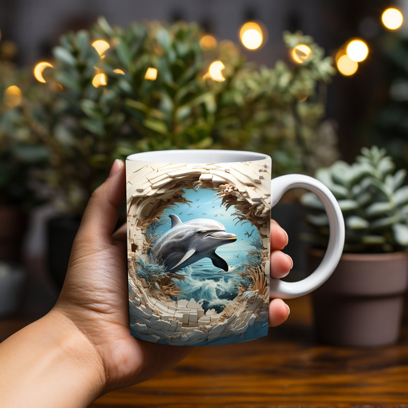 Joyful 3D Dolphin Jumping Through Wall Hole Mug Wrap Design,For Ocean Lover's-Sublimation Print PNG 11oz & 15oz Coffee Cups,Instant Download.jpg