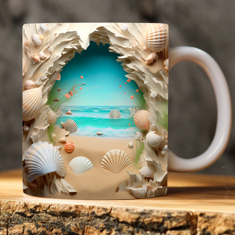 3D Seashells Beach Landscape Mug  Tranquil Beach Mug Design  11oz & 15oz Mug Sublimation Wrap  Digital Download  Beach Lover's Paradise.jpg