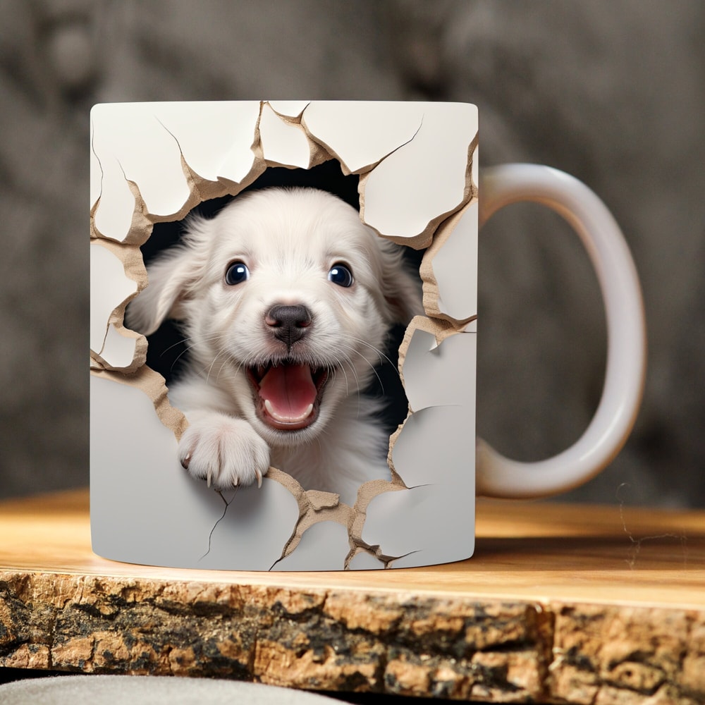 3D White Cute Baby Dog Mug Wrap - 11oz & 15oz Mug Sublimation Design - Mug Template with a Hole In A Wall - Instant PNG Digital Download.jpg
