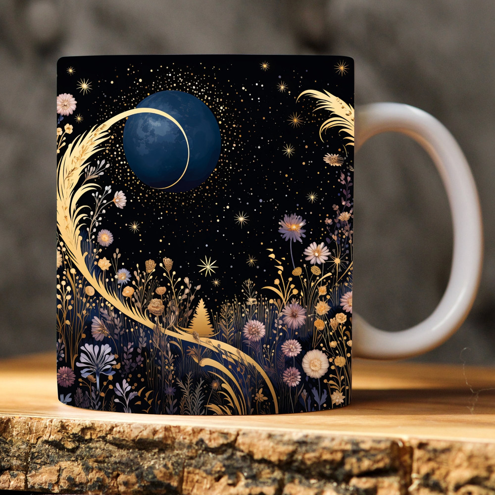Celestial Abstract Dark Whimsical Mug Wrap Sublimation Design PNG Floral Template 11oz and 15oz Flowers Wrap Instant Digital Download.jpg