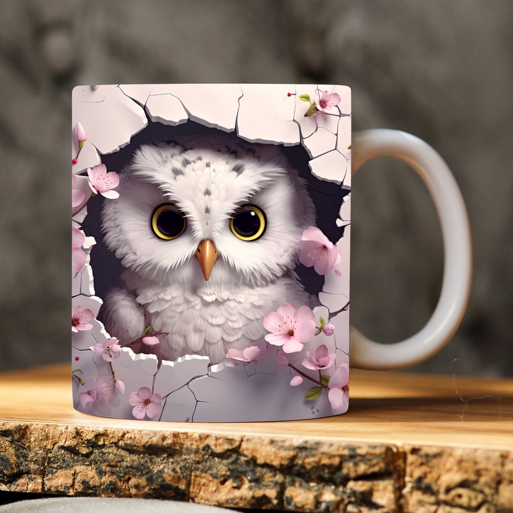 Charming 3D Baby Owl Mug Wrap Sublimation Design PNG, Cute Cracked Hole Owl 11oz 15oz Coffee Cup Template, Vibrant Floral Owl Mug Press Art.jpg