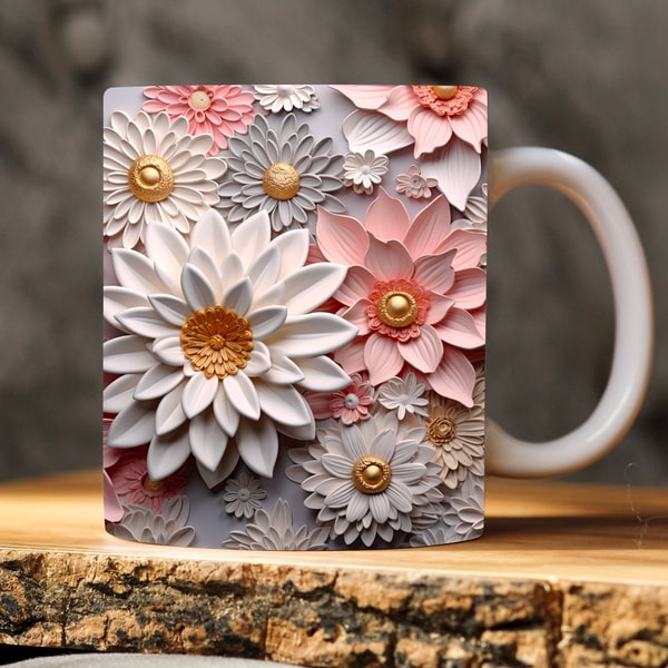 Elegant 3D Pink, Gold, and Silver Floral Mug Wrap Sublimation Design PNG Vibrant Floral Mug Wrap for 15oz and 11oz Mug Instant Download.jpg