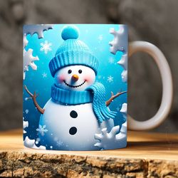 festive 3d snowman hole in snowflakes wall mug